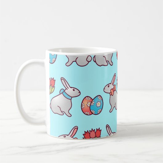 Bunny seamless pattern with easter eggs and a bouq koffiemok (Links)