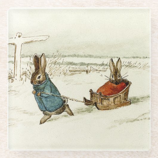 "Bunny Sleigh Ride" van Beatrix Potter Glazen Onderzetter (Voorkant)