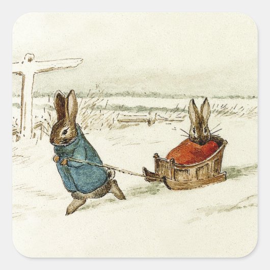"Bunny Sleigh Ride" van Beatrix Potter Vierkante Sticker (Voorkant)