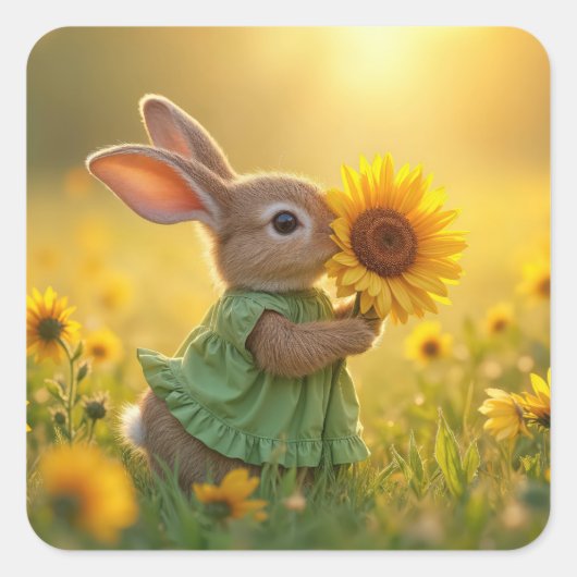Bunny Snuffelen Een Gele Zonnebloem Vierkante Sticker (Voorkant)