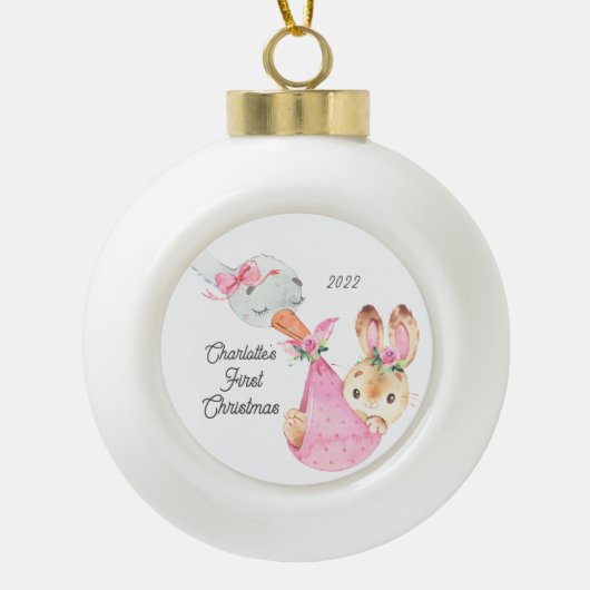 Bunny Special Delivery Baby's First Kerstmis Keramische Bal Ornament (Voorkant)