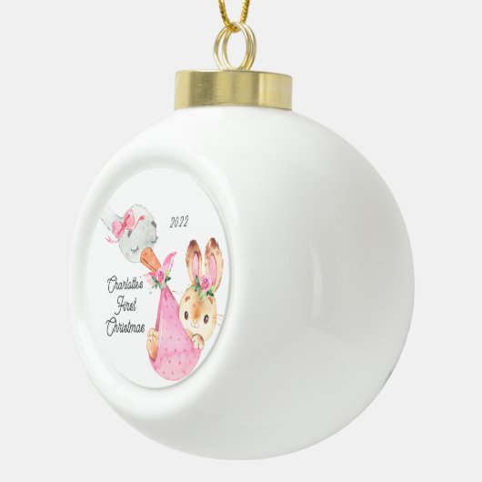 Bunny Special Delivery Baby's First Kerstmis Keramische Bal Ornament (Rechts)