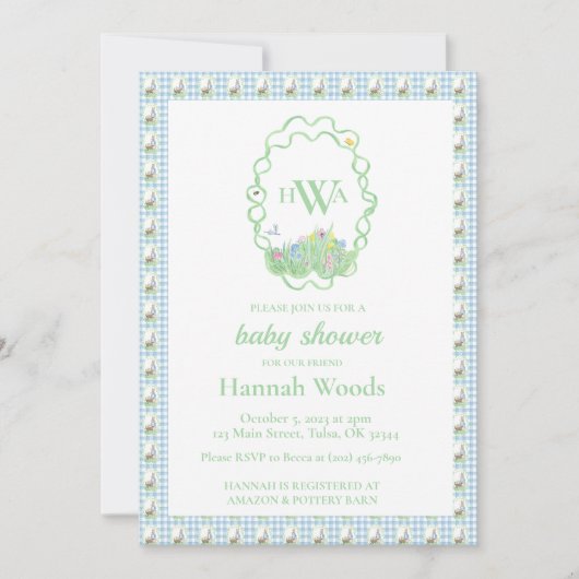 Bunny Spring Gingham Monogram Baby shower Kaart (Voorkant)