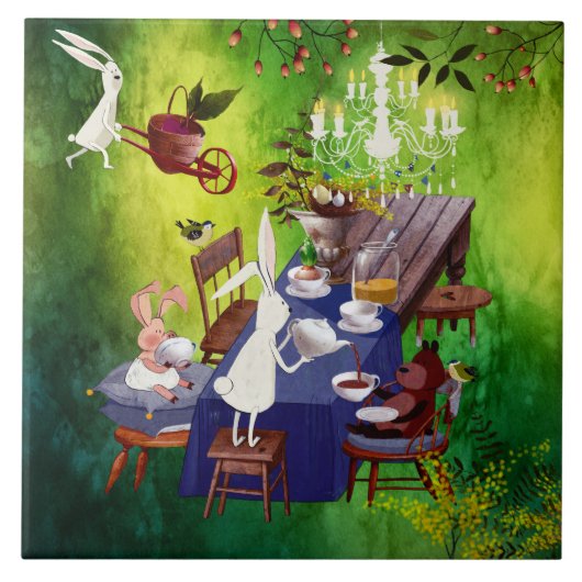 Bunny Spring Party in Forest-Animal Illustratie Tegeltje (Voorkant)