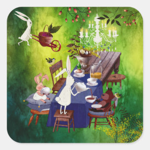 Bunny Spring Party in Forest-Animal Illustratie Vierkante Sticker