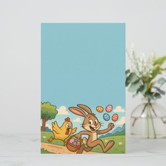 Bunny steelt eieren van Chicken Easter Design Funn Briefpapier (Staand voorkant)