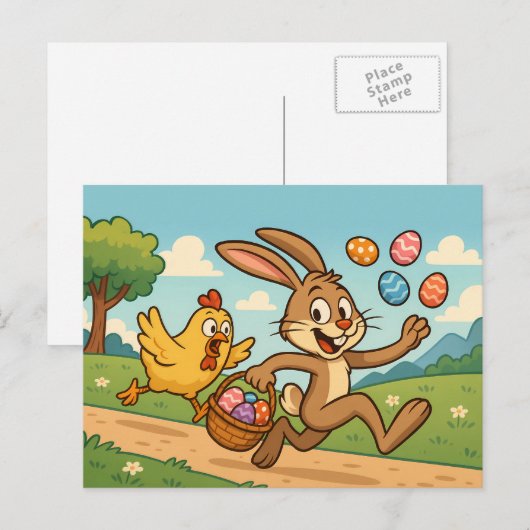 Bunny steelt eieren van Chicken Funny Easter Desig Feestdagenkaart (Voorkant / Achterkant)