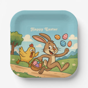 Bunny steelt eieren van kip Humorous Easter Art Papieren Bordje