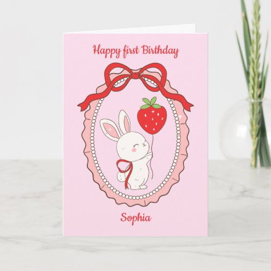 Bunny Strawberry Balloon Happy Birthday Kaart (Voorkant)