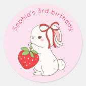 Bunny Strawberry Pink Birthday Ronde Sticker (Voorkant)