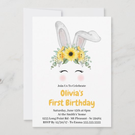 Bunny Sunflower Girl First Birthday Kaart (Voorkant)