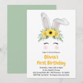 Bunny Sunflower Girl First Birthday Kaart (Voorkant / Achterkant)