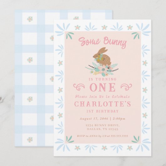 Bunny Sweet Pink Blue Kind Eerste 1e verjaardagsfe Kaart (Voorkant / Achterkant)