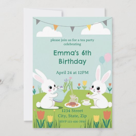 Bunny Tea Party Birthday Invitation | Cute Rabbits Kaart (Voorkant)