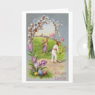 Bunny Tennis Easter Greeting!  Easter Card-vintage Feestdagen Kaart