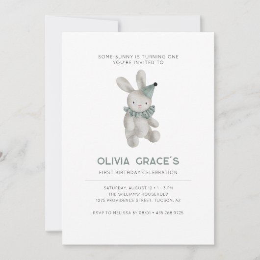 Bunny Theme First Birthday Invitation Kaart (Voorkant)
