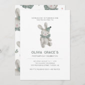 Bunny Theme First Birthday Invitation Kaart (Voorkant / Achterkant)