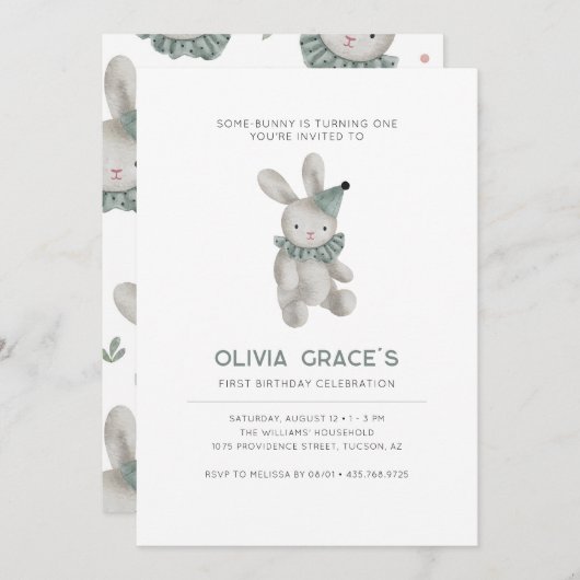 Bunny Theme First Birthday Invitation Kaart (Voorkant / Achterkant)