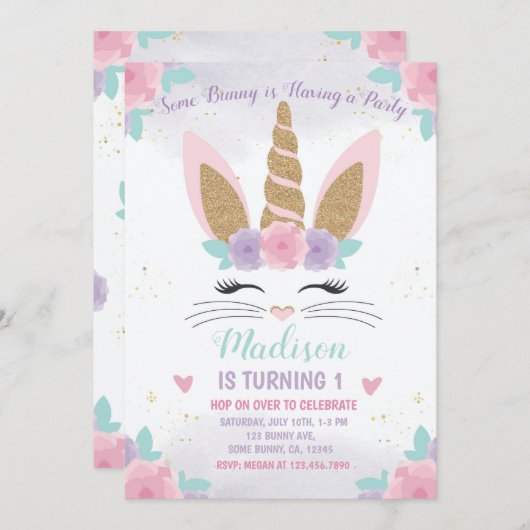Bunny Unicorn Verjaardag Uitnodiging, Bunny Verjaa Kaart (Voorkant / Achterkant)
