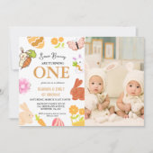 Bunny Verjaardag Paasei Tweeling 1e Eerste Verjaar Kaart (Voorkant)