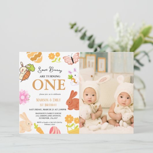 Bunny Verjaardag Paasei Tweeling 1e Eerste Verjaar Kaart (Staand voorkant)