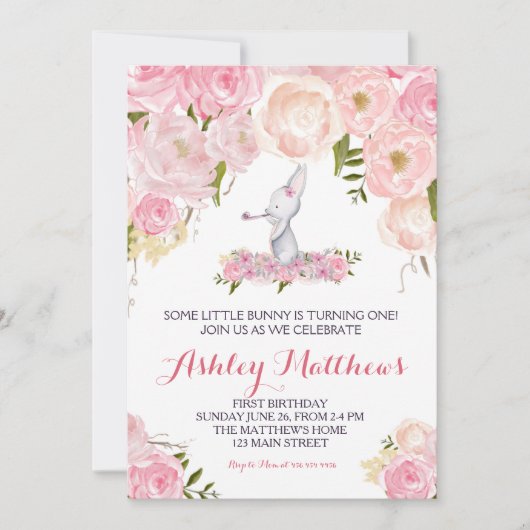Bunny verjaardag roze Mooie Bloemenuitnodiging, Kaart (Voorkant)