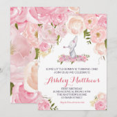 Bunny verjaardag roze Mooie Bloemenuitnodiging, Kaart (Voorkant / Achterkant)