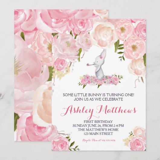Bunny verjaardag roze Mooie Bloemenuitnodiging, Kaart (Voorkant / Achterkant)