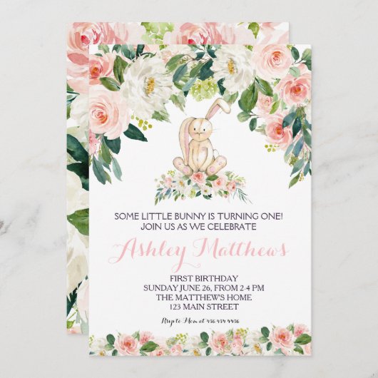 Bunny verjaardag roze Mooie Bloemenuitnodiging, Kaart (Voorkant / Achterkant)