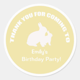 Bunny verjaardagsfeest bedankt gele sticker. ronde sticker