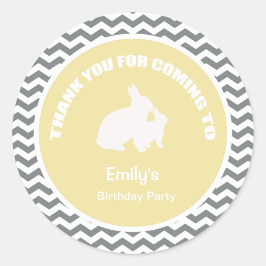 Bunny verjaardagsfeest dank je geel ronde sticker (Voorkant)