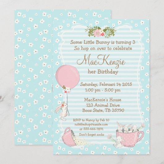 Bunny verjaardagsfeestje uitnodiging (Voorkant / Achterkant)