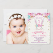 Bunny verjaardagsfoto uitnodiging roze en goud 1st (Voorkant)