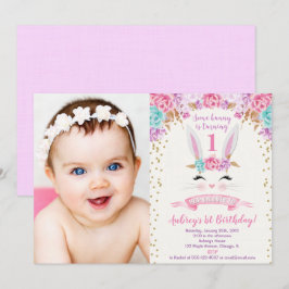 Bunny verjaardagsfoto uitnodiging roze en goud 1st