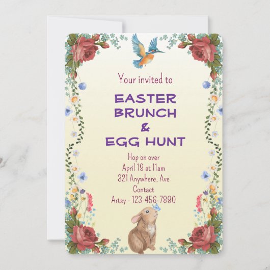 Bunny, vlinder, vogel & rode rozen kaart (Voorkant)