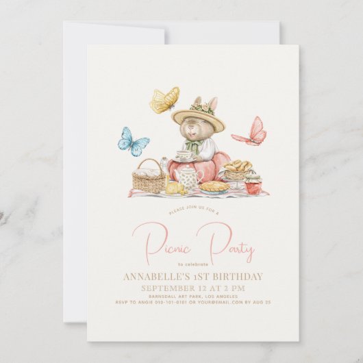 Bunny & vlinders picknick meisje 1e verjaardag kaart (Voorkant)