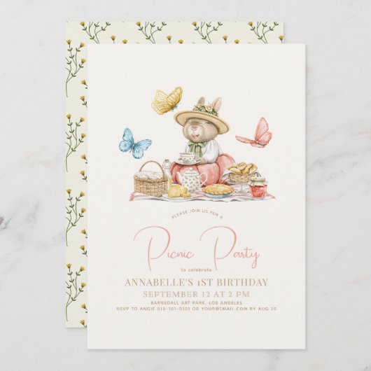 Bunny & vlinders picknick meisje 1e verjaardag kaart (Voorkant / Achterkant)