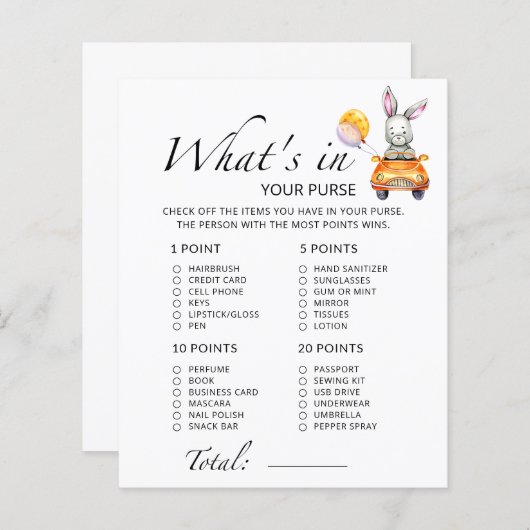 Bunny Wat zit er in je paarse baby shower spel (Voorkant / Achterkant)