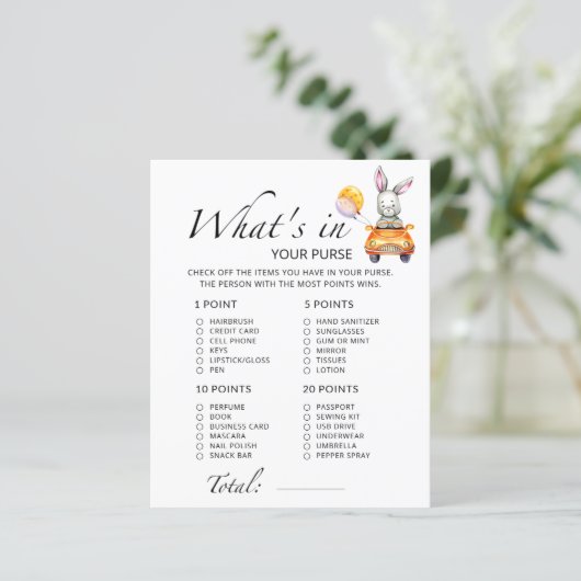 Bunny Wat zit er in je paarse baby shower spel (Staand voorkant)