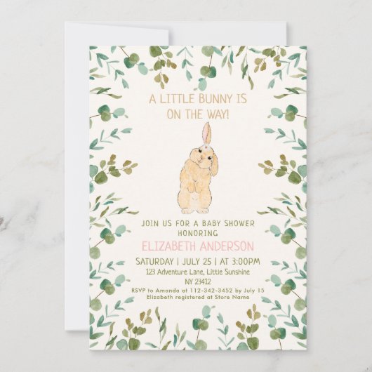 Bunny Waterverf Eucalyptus Pink Baby shower Kaart (Voorkant)