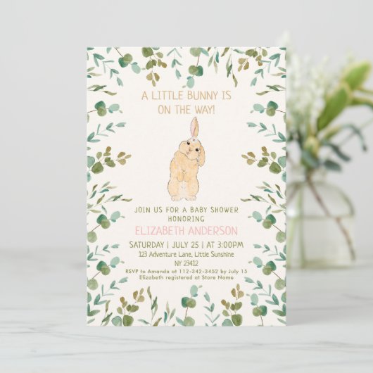 Bunny Waterverf Eucalyptus Pink Baby shower Kaart (Staand voorkant)