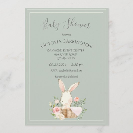 Bunny Waterverf Floral Green Girl Baby shower Kaart (Voorkant)