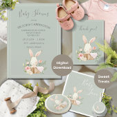Bunny Waterverf Floral Green Girl Baby shower Kaart