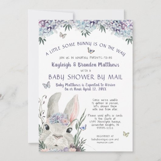 Bunny Waterverf Floral Paarse Baby shower per post Kaart (Voorkant)