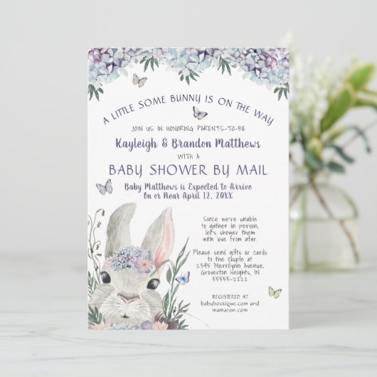Bunny Waterverf Floral Paarse Baby shower per post Kaart (Staand voorkant)