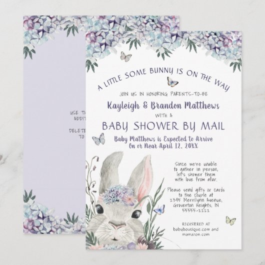 Bunny Waterverf Floral Paarse Baby shower per post Kaart (Voorkant / Achterkant)