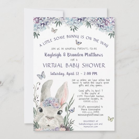 Bunny Waterverf Floral Paarse Virtual Baby shower Kaart (Voorkant)