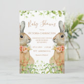 Bunny Waterverf Floral Pink Girl Baby shower Invi Kaart (Staand voorkant)