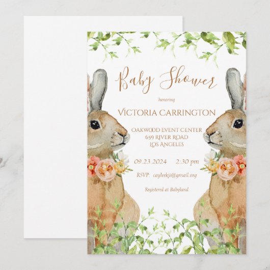 Bunny Waterverf Floral Pink Girl Baby shower Invi Kaart (Voorkant / Achterkant)