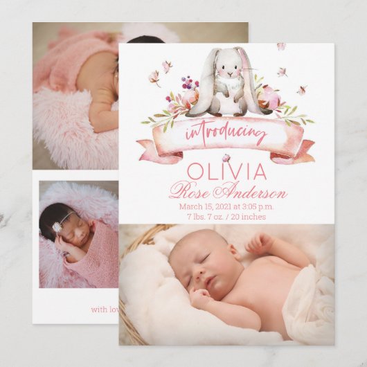 Bunny waterverf Meisje Geboorte Aankondiging (Voorkant / Achterkant)